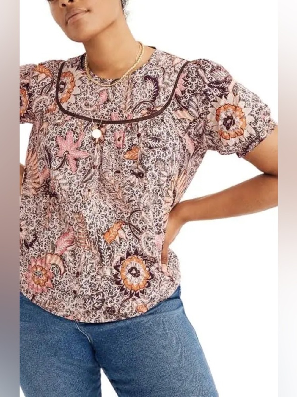Madewell Bali Blooms Yoked Puff Sleeve Top Size Small